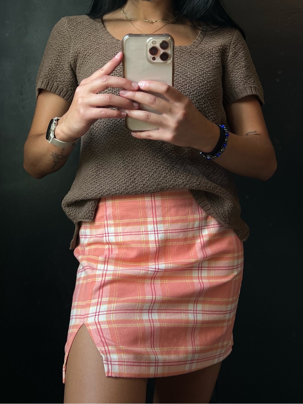 wild fable Pink & Yellow gold Plaid Mini Skirt with Small Side Slit